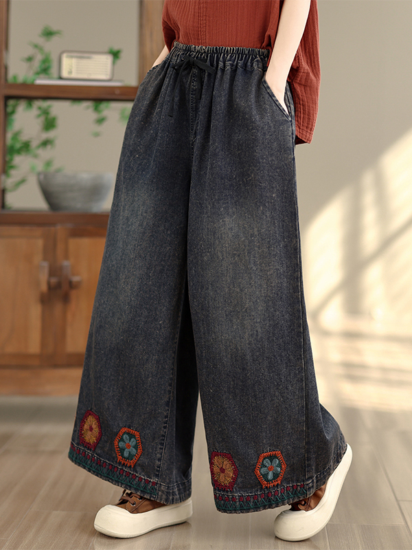 Summer Clothing Label - Retro Washed Embroidered Straight Leg Jeans